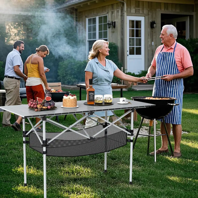 Patio Folding Camping Table with Roll-up Tabletop and Mesh Basket-Silver - Silver - Camping Furniture