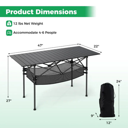 Patio Folding Camping Table with Roll-up Tabletop and Mesh Basket-Black - Black - Camping Furniture