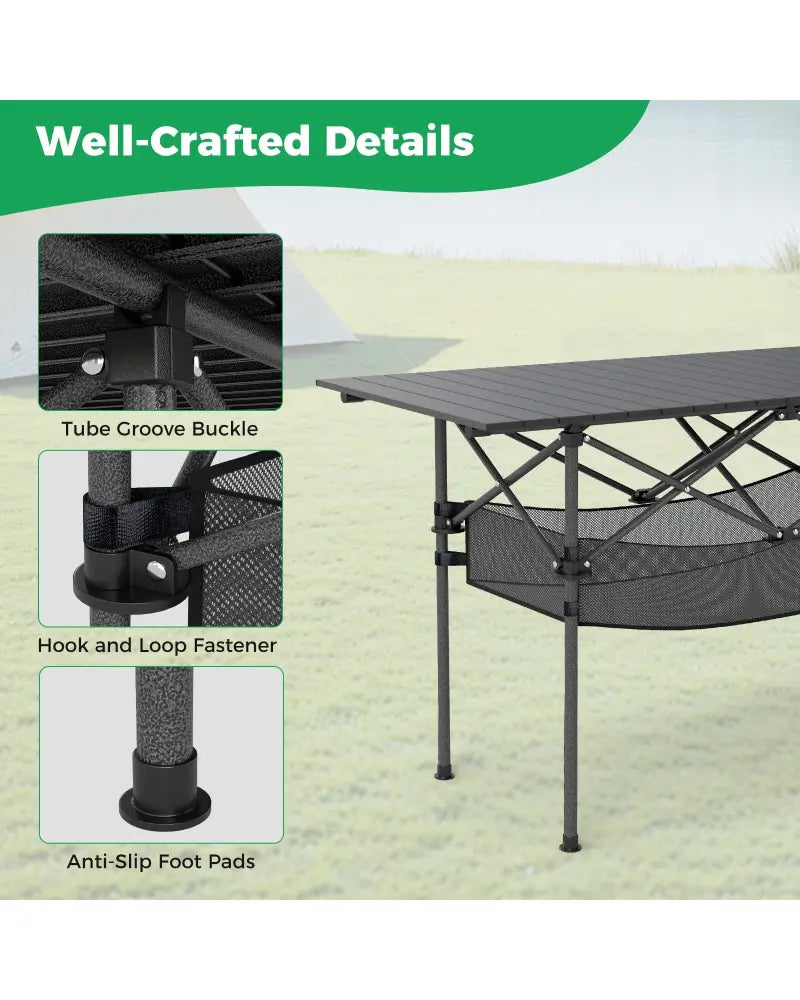 Patio Folding Camping Table with Roll-up Tabletop and Mesh Basket-Black - Black - Camping Furniture