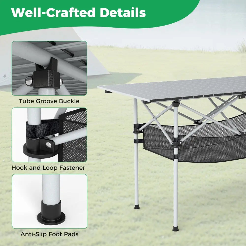 Patio Folding Camping Table with Roll-up Tabletop and Mesh Basket-Silver - Silver - Camping Furniture