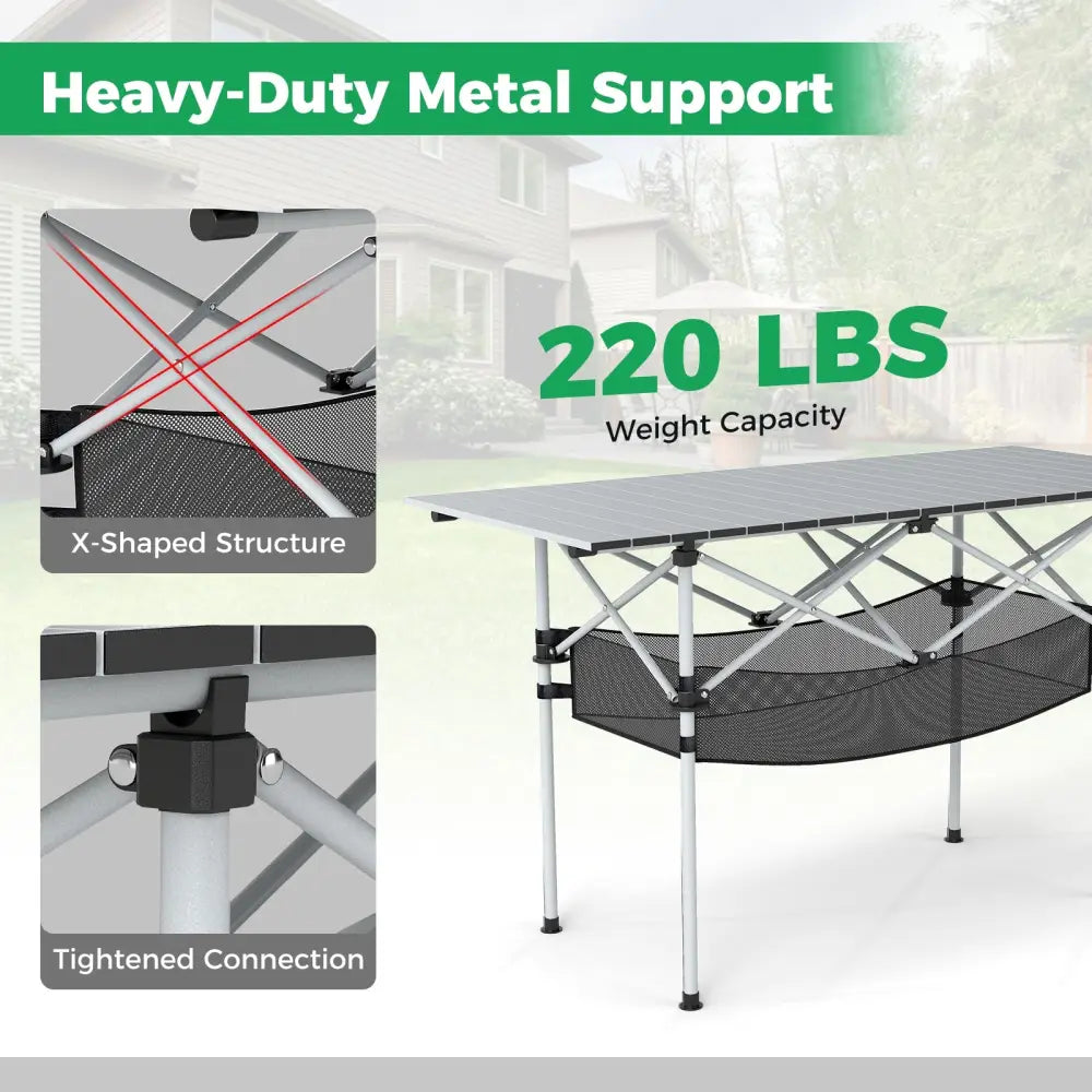 Patio Folding Camping Table with Roll-up Tabletop and Mesh Basket-Silver - Silver - Camping Furniture