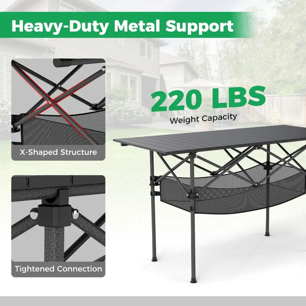 Patio Folding Camping Table with Roll-up Tabletop and Mesh Basket-Black - Black - Camping Furniture
