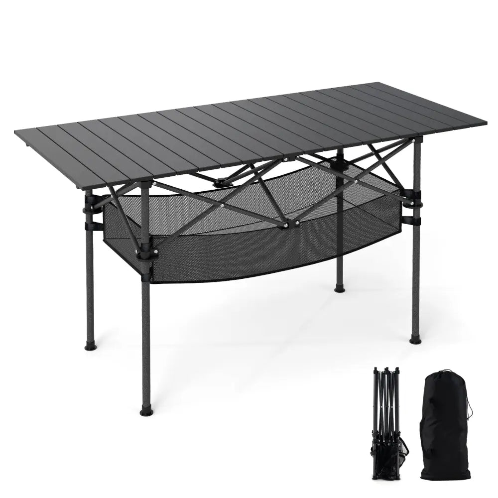 Patio Folding Camping Table with Roll-up Tabletop and Mesh Basket-Black - Black - Camping Furniture