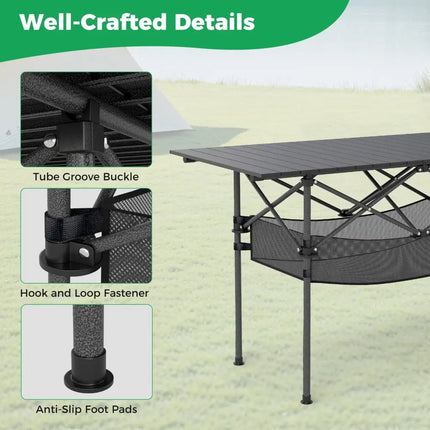 Patio Folding Camping Table with Roll-up Tabletop and Mesh Basket-Black - Black - Camping Furniture