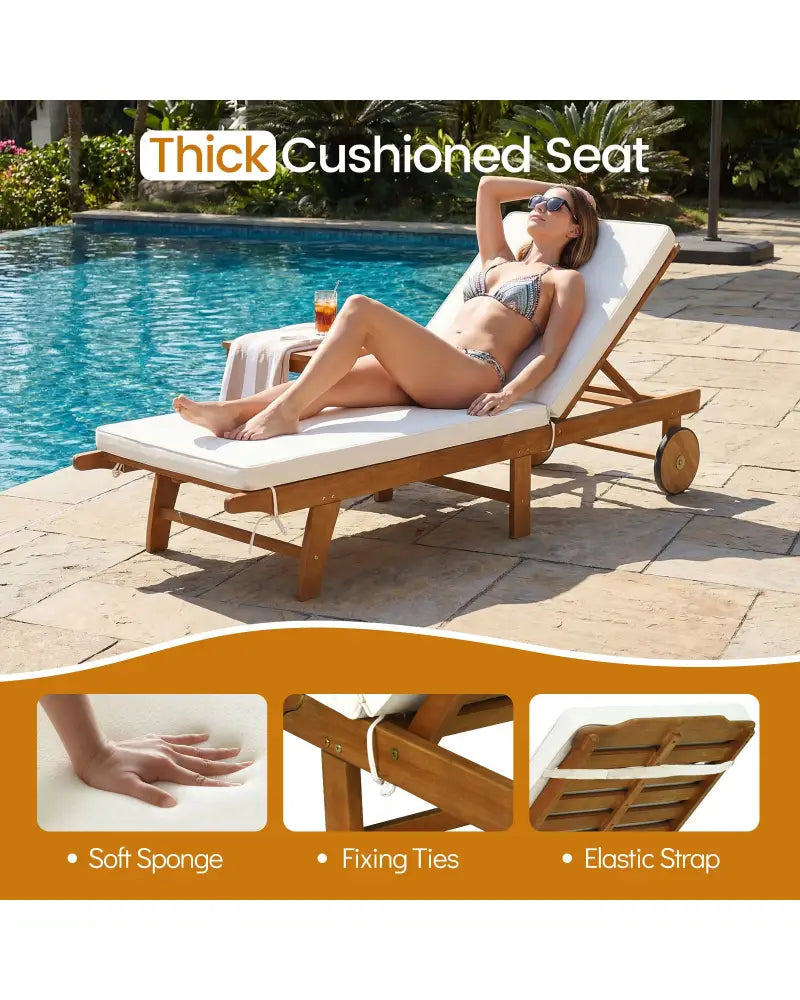 Patio Folding Eucalyptus Wood Chaise Lounge with 5-Level Adjustable Backrest - Natural & White - Outdoor Chaise Lounges