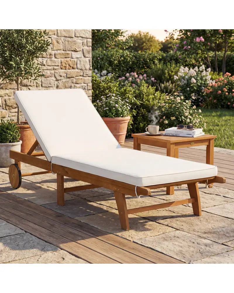 Patio Folding Eucalyptus Wood Chaise Lounge with 5-Level Adjustable Backrest - Natural & White - Outdoor Chaise Lounges