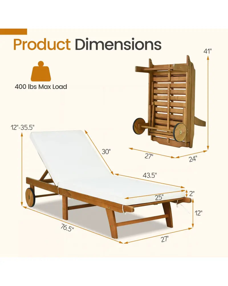 Patio Folding Eucalyptus Wood Chaise Lounge with 5-Level Adjustable Backrest - Natural & White - Outdoor Chaise Lounges