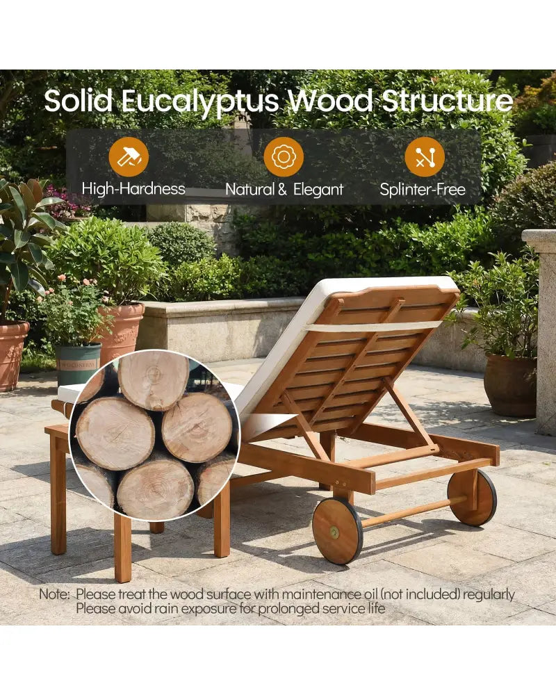 Patio Folding Eucalyptus Wood Chaise Lounge with 5-Level Adjustable Backrest - Natural & White - Outdoor Chaise Lounges