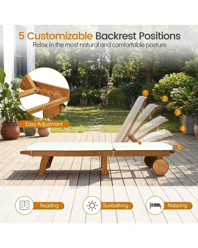 Patio Folding Eucalyptus Wood Chaise Lounge with 5-Level Adjustable Backrest - Natural & White - Outdoor Chaise Lounges
