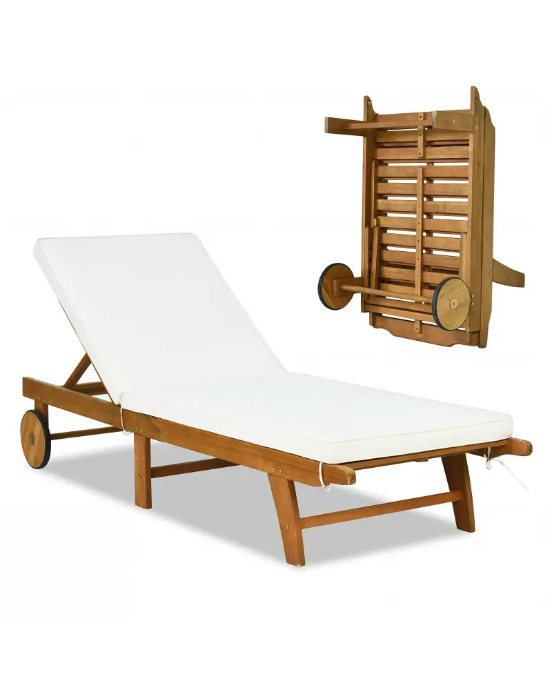 Patio Folding Eucalyptus Wood Chaise Lounge with 5-Level Adjustable Backrest - Natural & White - Outdoor Chaise Lounges
