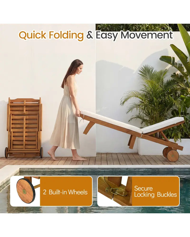 Patio Folding Eucalyptus Wood Chaise Lounge with 5-Level Adjustable Backrest - Natural & White - Outdoor Chaise Lounges