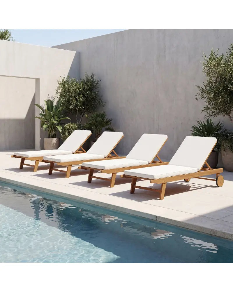 Patio Folding Eucalyptus Wood Chaise Lounge with 5-Level Adjustable Backrest - Natural & White - Outdoor Chaise Lounges