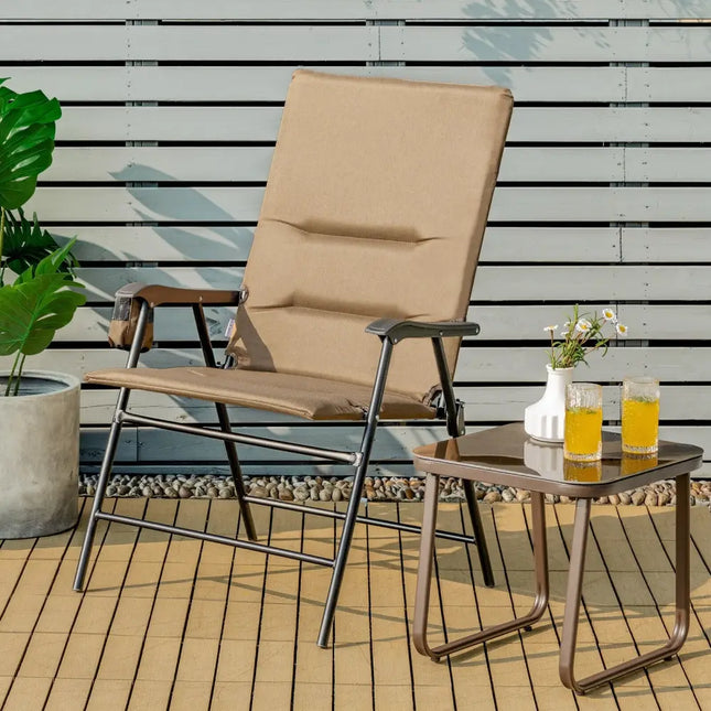 Patio Folding Padded Chair with High Backrest and Cup Holder-Brown - Brown - Patio Dining Chairs