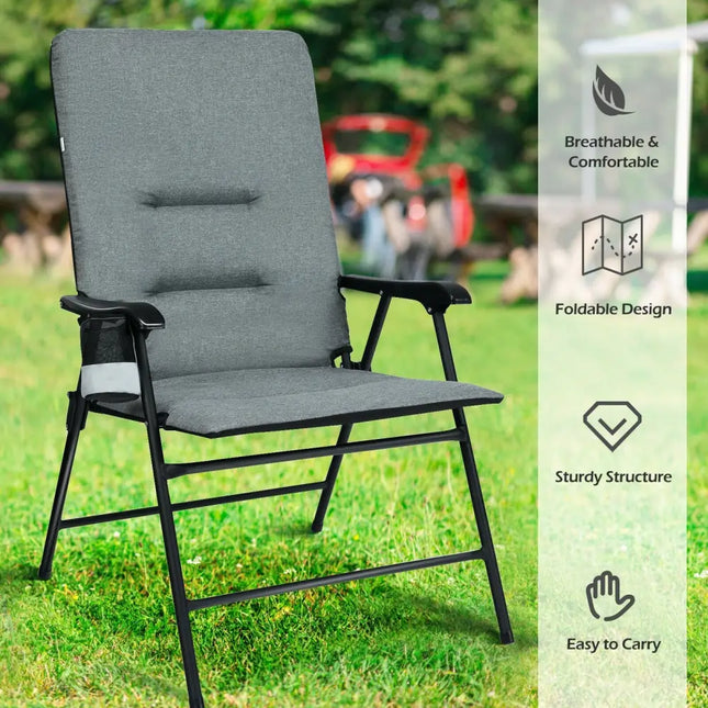 Patio Folding Padded Chair with High Backrest and Cup Holder-Gray - Gray - Patio Dining Chairs