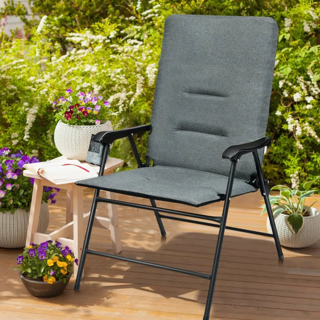 Patio Folding Padded Chair with High Backrest and Cup Holder-Gray - Gray - Patio Dining Chairs