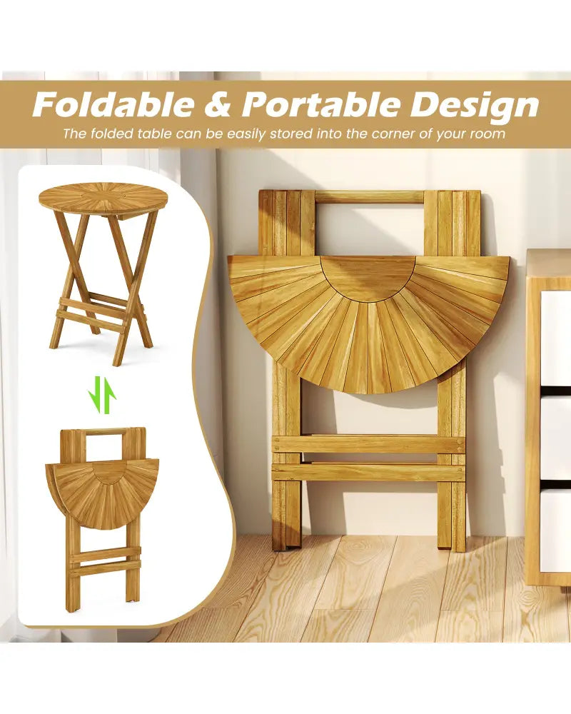 Patio Folding Side Table Teak Wood Round End Table with Slatted Tabletop and X-Shaped Frame - Natural - Patio Coffee