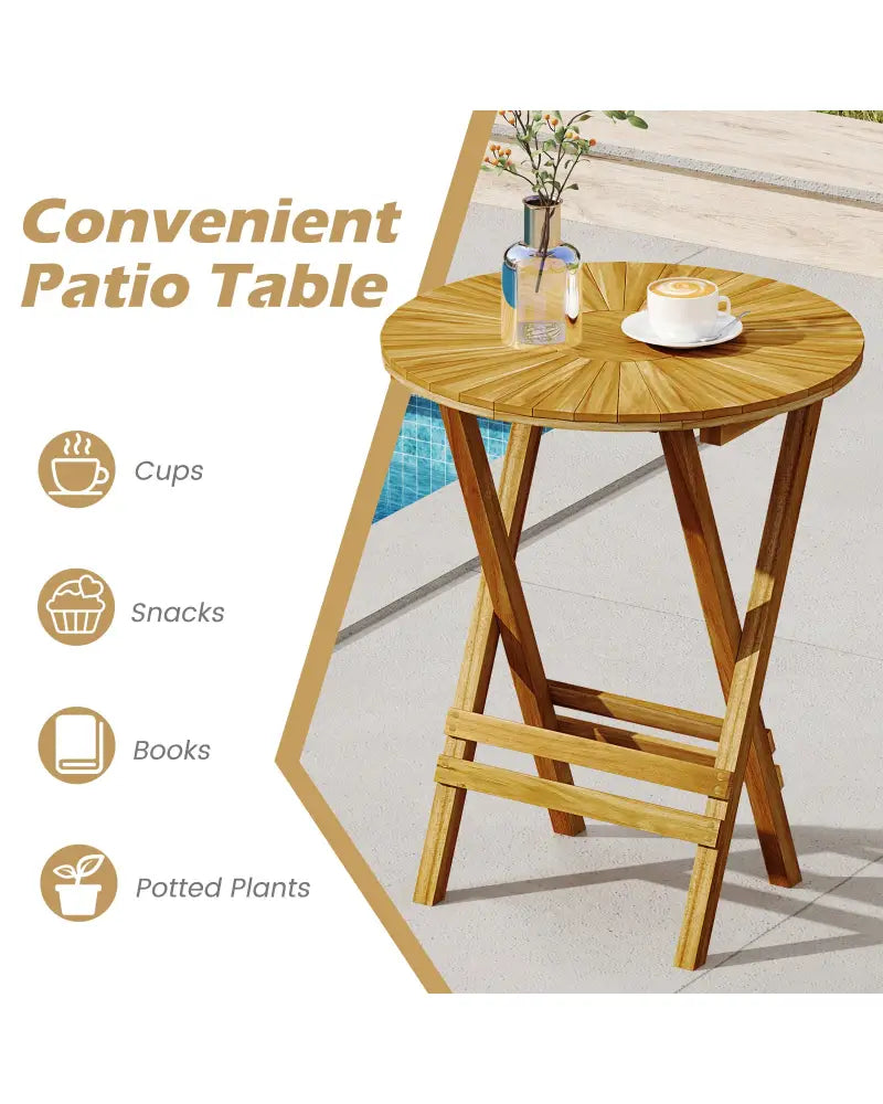 Patio Folding Side Table Teak Wood Round End Table with Slatted Tabletop and X-Shaped Frame - Natural - Patio Coffee