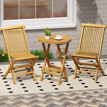 Patio Folding Side Table Teak Wood Round End Table with Slatted Tabletop and X-Shaped Frame - Natural - Patio Coffee