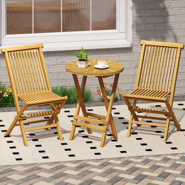Patio Folding Side Table Teak Wood Round End Table with Slatted Tabletop and X-Shaped Frame - Natural - Patio Coffee