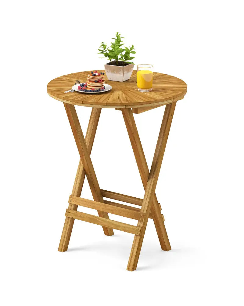 Patio Folding Side Table Teak Wood Round End Table with Slatted Tabletop and X-Shaped Frame - Natural - Patio Coffee