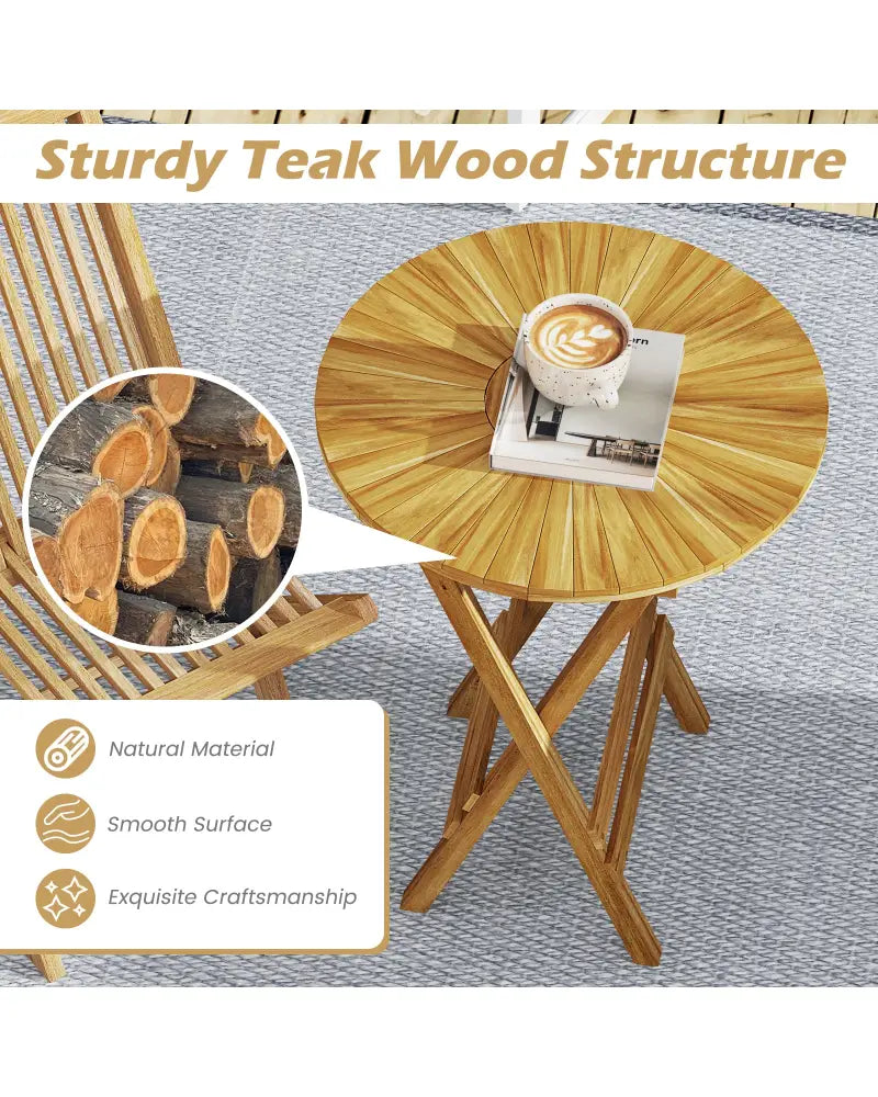 Patio Folding Side Table Teak Wood Round End Table with Slatted Tabletop and X-Shaped Frame - Natural - Patio Coffee