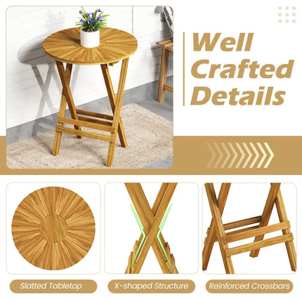 Patio Folding Side Table Teak Wood Round End Table with Slatted Tabletop and X-Shaped Frame - Natural - Patio Coffee