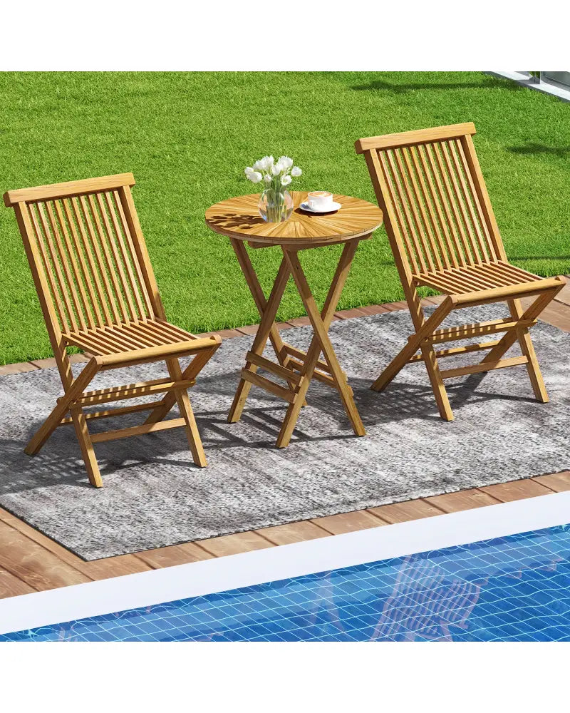 Patio Folding Side Table Teak Wood Round End Table with Slatted Tabletop and X-Shaped Frame - Natural - Patio Coffee