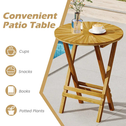 Patio Folding Side Table Teak Wood Round End Table with Slatted Tabletop and X-Shaped Frame - Natural - Patio Coffee