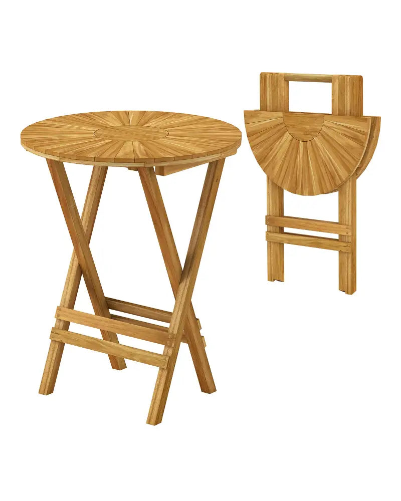 Patio Folding Side Table Teak Wood Round End Table with Slatted Tabletop and X-Shaped Frame - Natural - Patio Coffee