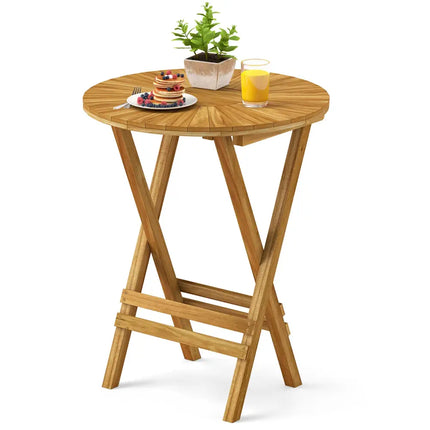 Patio Folding Side Table Teak Wood Round End Table with Slatted Tabletop and X-Shaped Frame - Natural - Patio Coffee