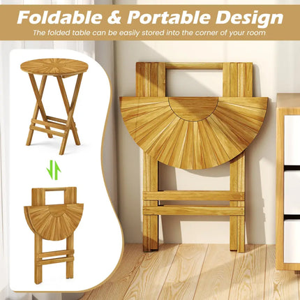 Patio Folding Side Table Teak Wood Round End Table with Slatted Tabletop and X-Shaped Frame - Natural - Patio Coffee