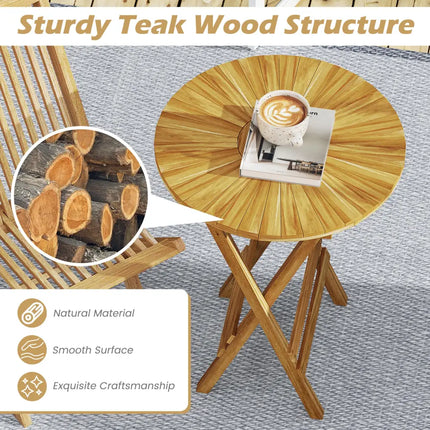 Patio Folding Side Table Teak Wood Round End Table with Slatted Tabletop and X-Shaped Frame - Natural - Patio Coffee