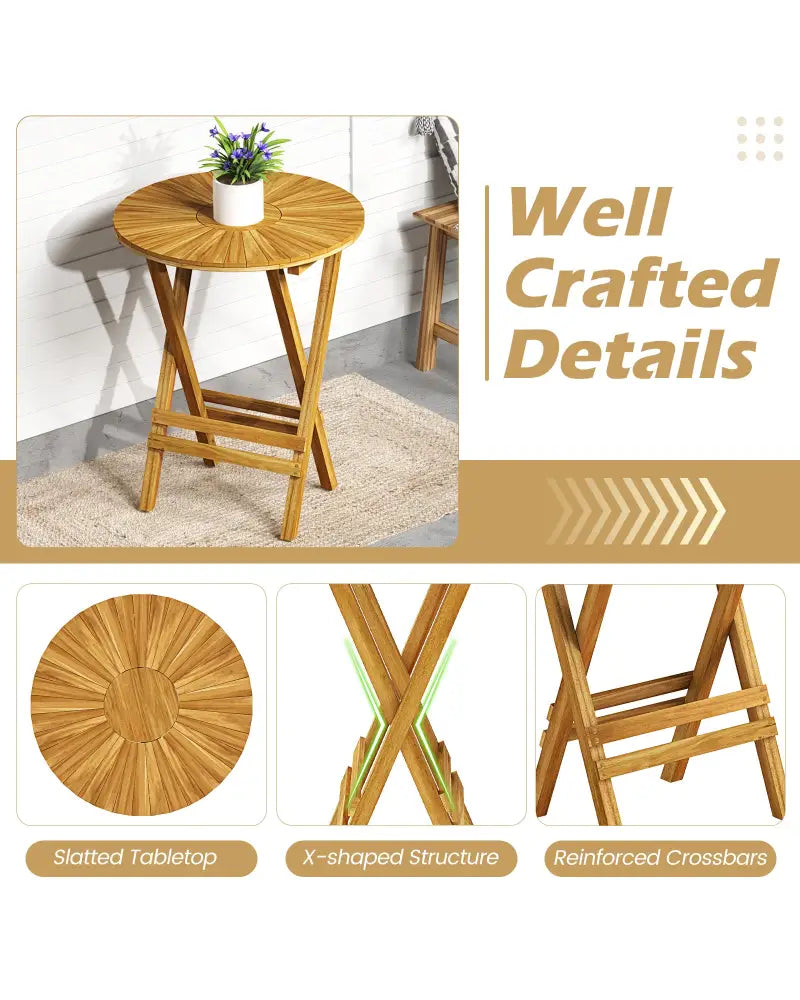 Patio Folding Side Table Teak Wood Round End Table with Slatted Tabletop and X-Shaped Frame - Natural - Patio Coffee