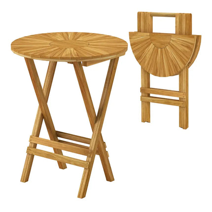 Patio Folding Side Table Teak Wood Round End Table with Slatted Tabletop and X-Shaped Frame - Natural - Patio Coffee