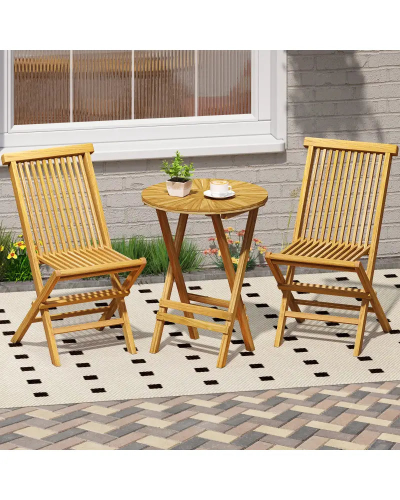 Patio Folding Side Table Teak Wood Round End Table with Slatted Tabletop and X-Shaped Frame - Natural - Patio Coffee