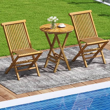 Patio Folding Side Table Teak Wood Round End Table with Slatted Tabletop and X-Shaped Frame - Natural - Patio Coffee