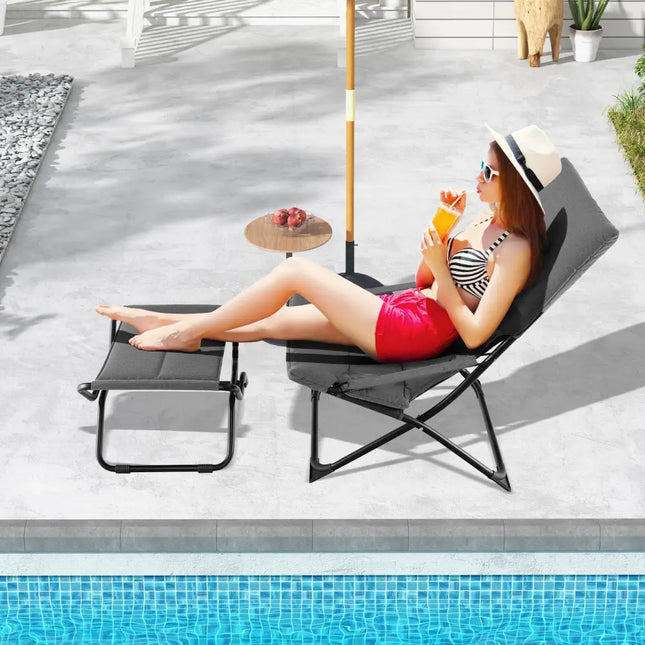 Patio Folding Sling Chair with Ottoman Footrest and Removable Cushion-Gray - Gray - Outdoor Chaise Lounges