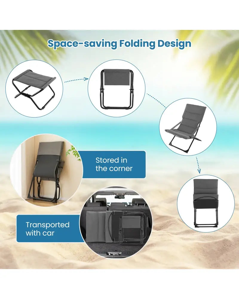 Patio Folding Sling Chair with Ottoman Footrest and Removable Cushion-Gray - Gray - Outdoor Chaise Lounges