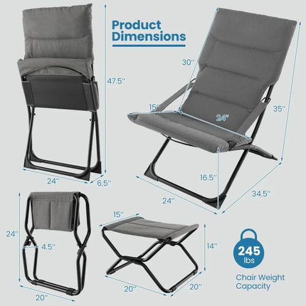 Patio Folding Sling Chair with Ottoman Footrest and Removable Cushion-Gray - Gray - Outdoor Chaise Lounges