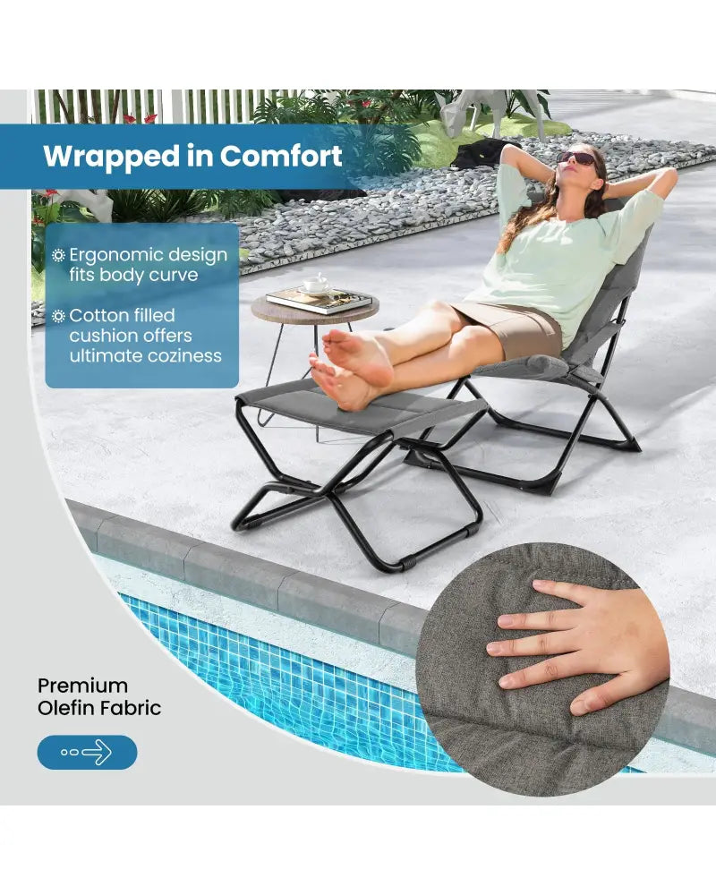 Patio Folding Sling Chair with Ottoman Footrest and Removable Cushion-Gray - Gray - Outdoor Chaise Lounges