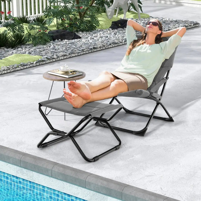Patio Folding Sling Chair with Ottoman Footrest and Removable Cushion-Gray - Gray - Outdoor Chaise Lounges