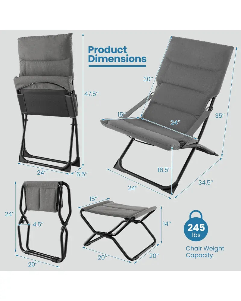 Patio Folding Sling Chair with Ottoman Footrest and Removable Cushion-Gray - Gray - Outdoor Chaise Lounges