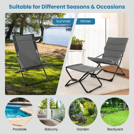 Patio Folding Sling Chair with Ottoman Footrest and Removable Cushion-Gray - Gray - Outdoor Chaise Lounges