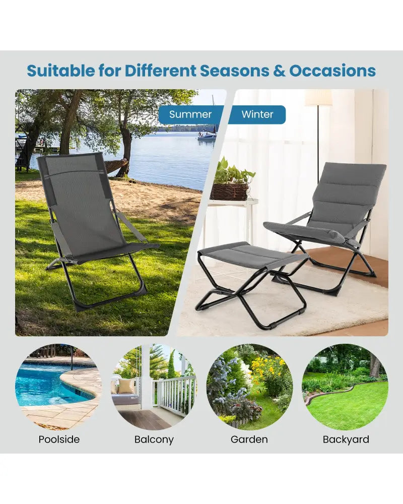 Patio Folding Sling Chair with Ottoman Footrest and Removable Cushion-Gray - Gray - Outdoor Chaise Lounges