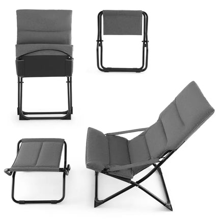 Patio Folding Sling Chair with Ottoman Footrest and Removable Cushion-Gray - Gray - Outdoor Chaise Lounges