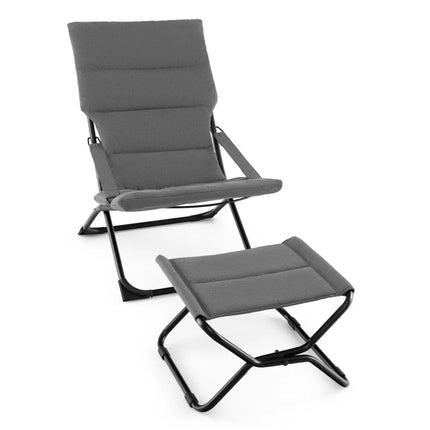 Patio Folding Sling Chair with Ottoman Footrest and Removable Cushion-Gray - Gray - Outdoor Chaise Lounges