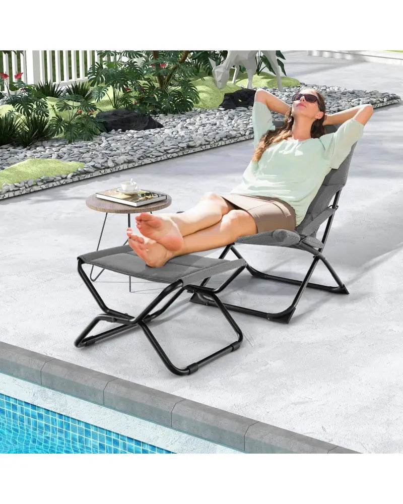 Patio Folding Sling Chair with Ottoman Footrest and Removable Cushion-Gray - Gray - Outdoor Chaise Lounges