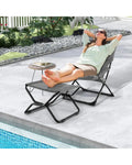Patio Folding Sling Chair with Ottoman Footrest and Removable Cushion-Gray - Gray - Outdoor Chaise Lounges