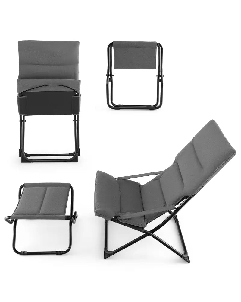 Patio Folding Sling Chair with Ottoman Footrest and Removable Cushion-Gray - Gray - Outdoor Chaise Lounges