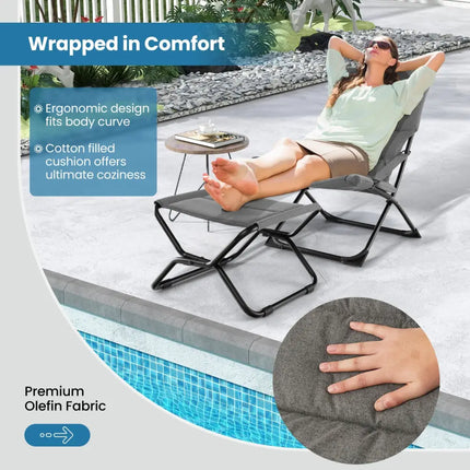 Patio Folding Sling Chair with Ottoman Footrest and Removable Cushion-Gray - Gray - Outdoor Chaise Lounges